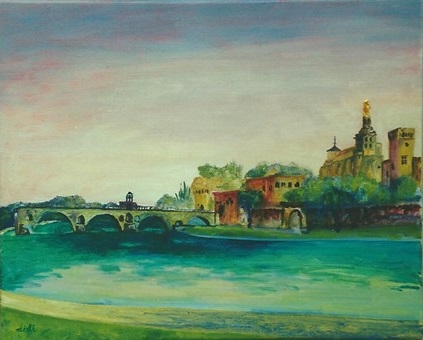 Frankrijk, Pont d'Avignon. Ca. 70x50 cm incl. lijst. Prijs: n.o.t.k.